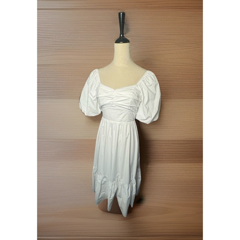 English Factory White Mini Dress Open Back Tie Puff Sleeve Mixed Media Size S - Picture 2 of 6